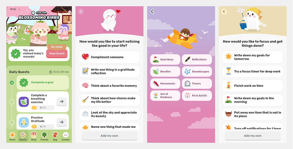 Four screenshots from the Finch self-care app showing the home screen with daily quests, a goal-setting prompt, a tools menu including breathing and soundscapes, and a focus and productivity checklist.