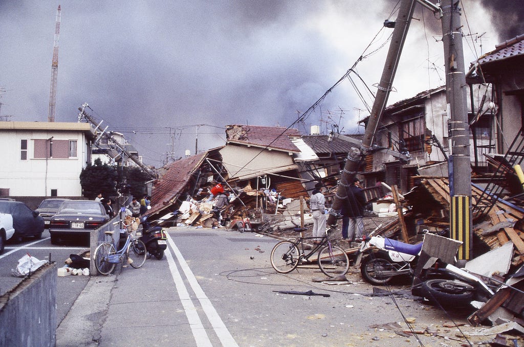 Street scene of destruction in Japan after the 1995 earthquake