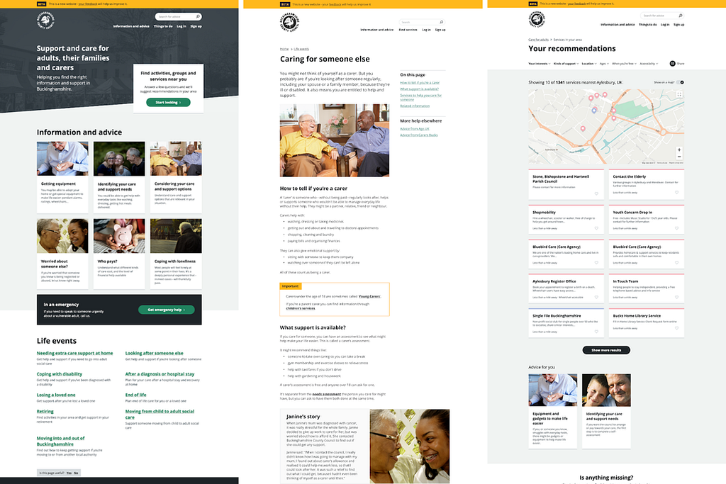 The CareAdviceBucks website, showing information of local support available