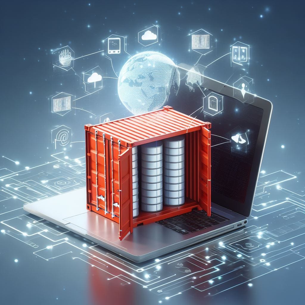 Picture depicts a container which is placed on top of a laptop showing a database, which is meant to show what a modern data stack should look like