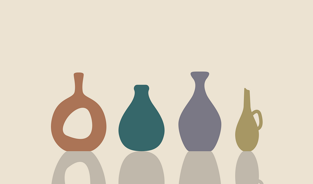 A graphic illustration showing four different vases in block colors with shadows below them.