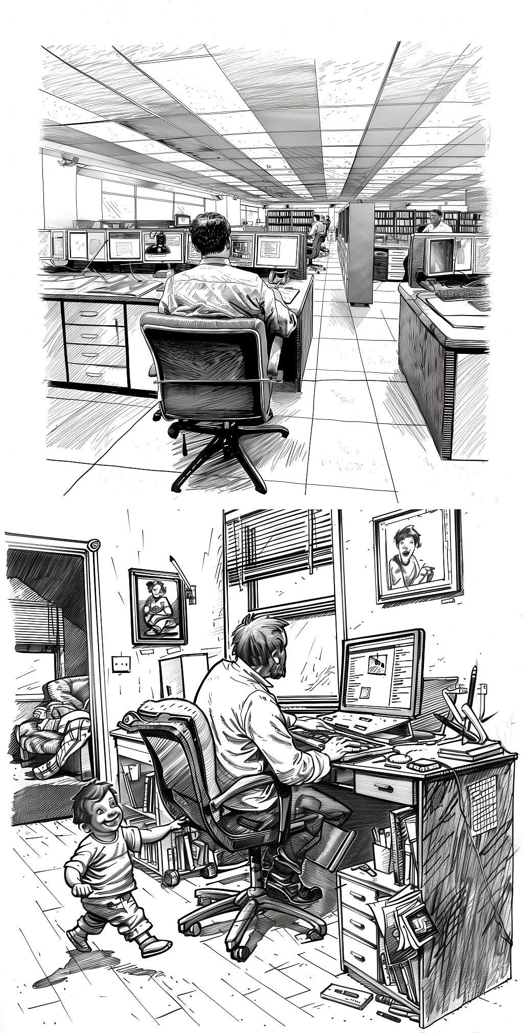 An illustration of a man working from the office versus working from home