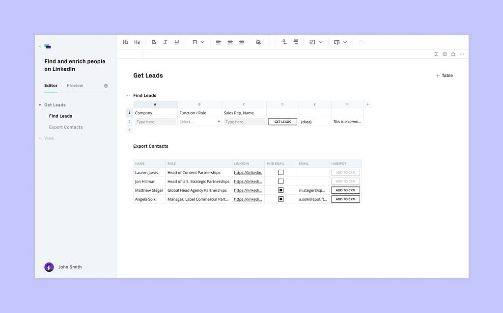 The dashdash editor over a purple background showing a spreadsheet to generate leads and a side navigation.