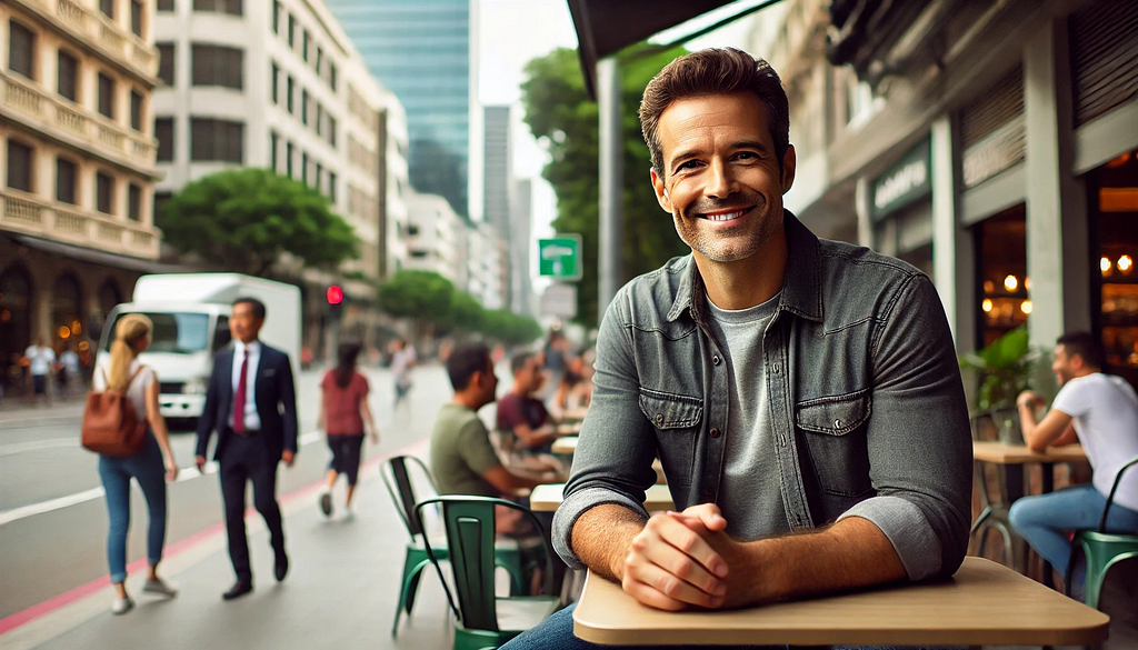 A man in his early forties smiling confidently, set in a casual outdoor café scene with city background.