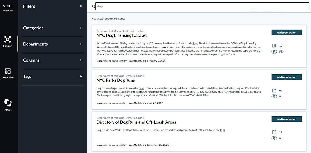 A screengrab of scout, showing results from a search for dog-related open data
