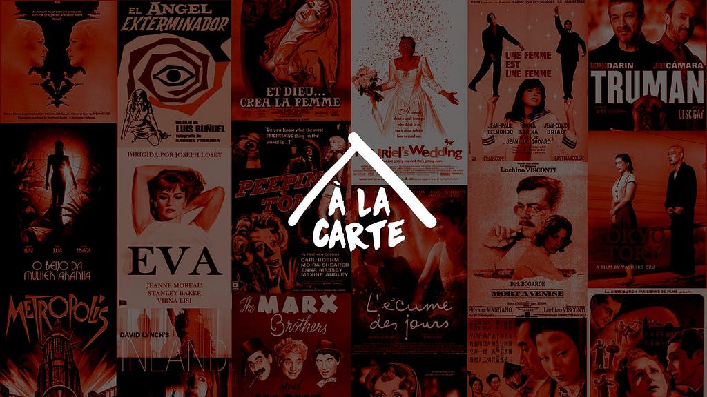 Logo do serviço de streaming Belas Artes À La Carte sobre vários pôsteres de filme ao fundo.