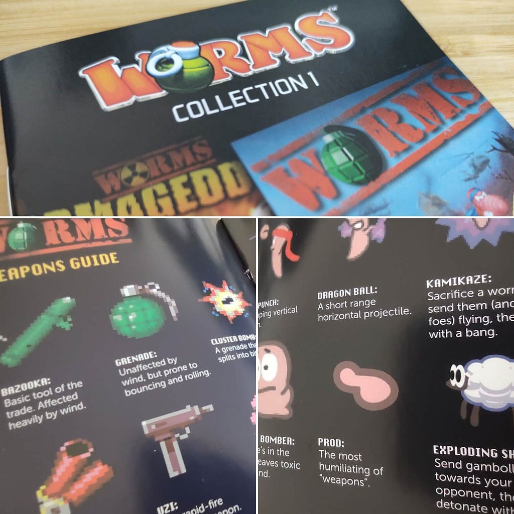 A collage of various photographs taken of the Evercade Worms Collection 1 game manual