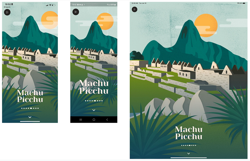 Showing an image of the Machu Picchu illustration scaled to multiple devices sizes