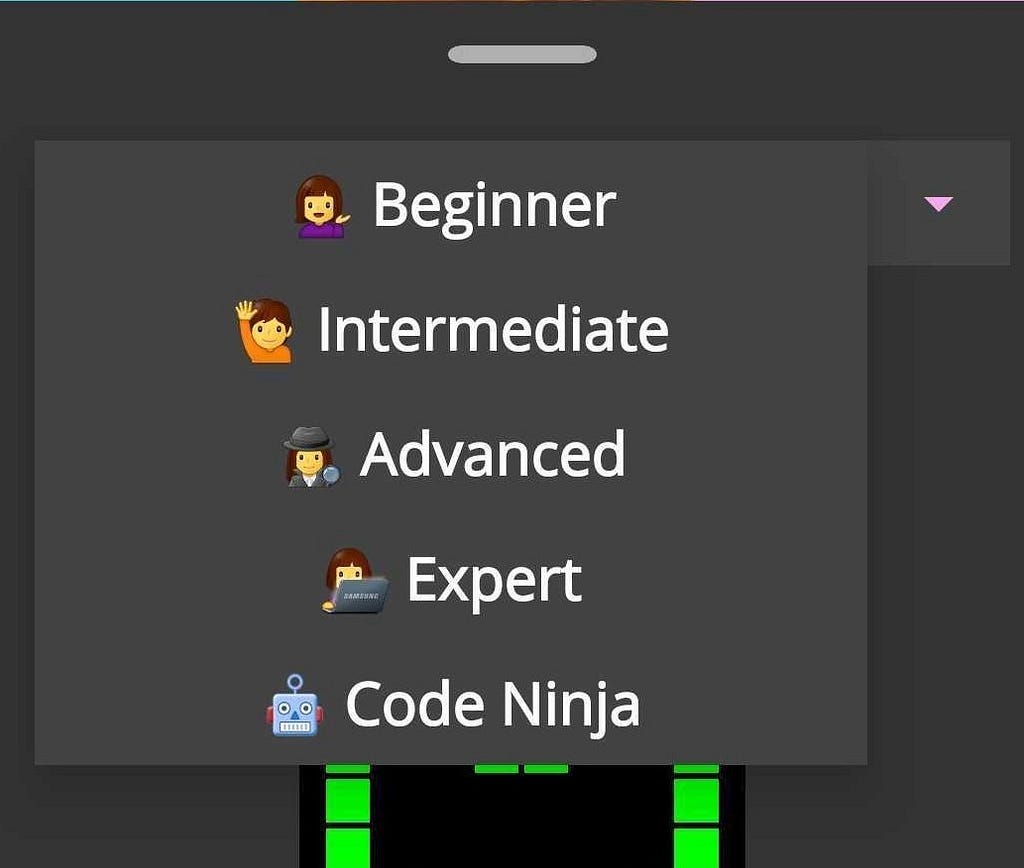 A black background with a dropdown box of options: Beginner, Intermediate, Advanced, Expert and Code Ninja.