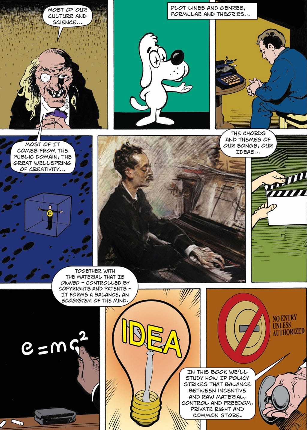 A series of comic-book panels symbolizing ‘ideas,’ including Mr Peabody, ‘e-mc2,’ a lightbulb and more. Image: Jenkins and Boyle https://web.law.duke.edu/musiccomic/ CC BY-NC-SA 4.0 https://creativecommons.org/licenses/by-nc-sa/4.0/