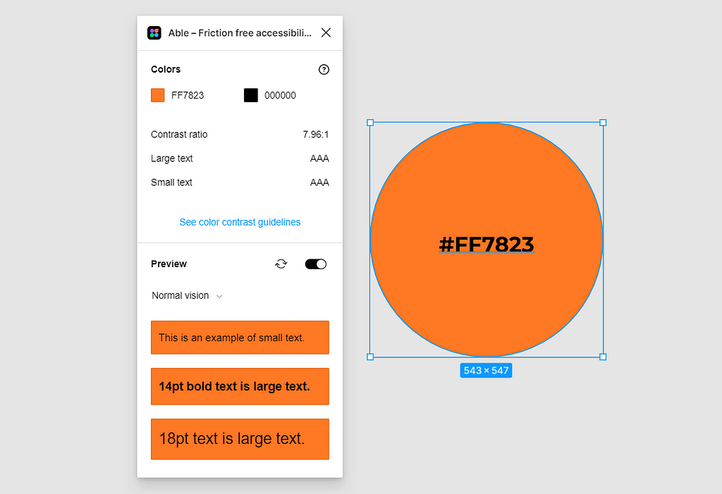 Print do plugin Able do figma funcionando. Do lado esquerdo da imagem vemos o plugin indicando a acessibilidade das cores selecionadas do componente que está do lado direito da tela: um círculo laranja com tipografia preta.