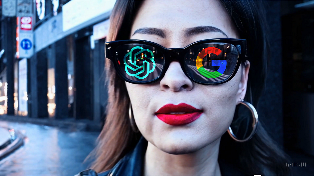 Screenshot from Tokyo walk 1-minute video by Sora — Open AI logo reflection in the left eye and Google logo reflection in the right eye — made by Sepideh Yazdi