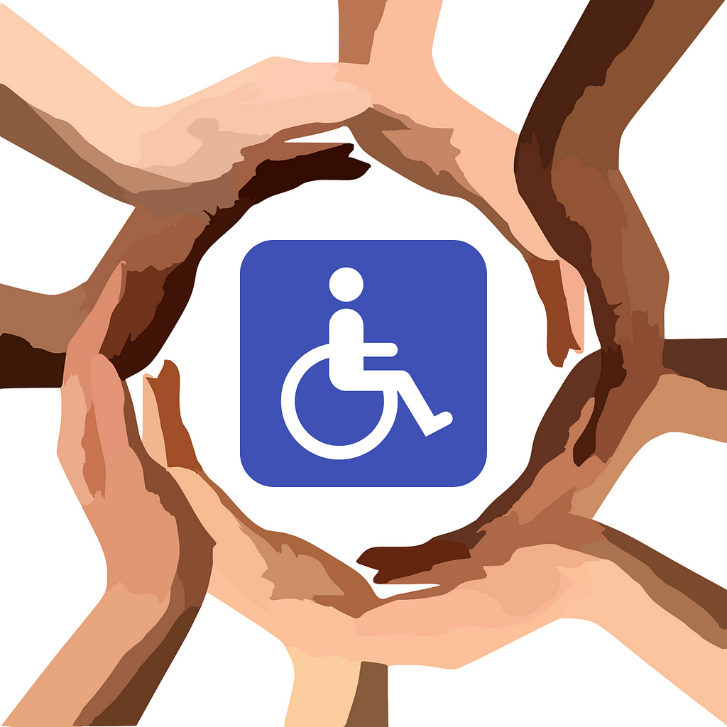 A graphic of 8 hands of different skin-tones linking palms to form a circle. At center of circle is the wheelchair icon.