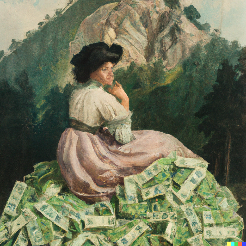 Women sitting on pile of money
