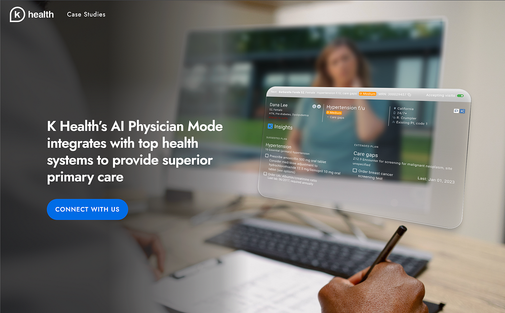 K Health homepage hero section showing “AI Physician Mode” as the lead message