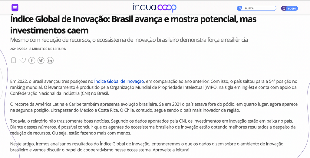 Índice Global de Inovação mostra grande potencial do Brasil em crescer em inovação. Levantamento pela Organização Mundial de Propriedade Intelectual (WIPO)