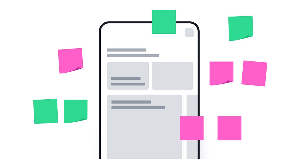 A simplified app design has red and green sticky notes all over it. They stand for negative and positive feedback.