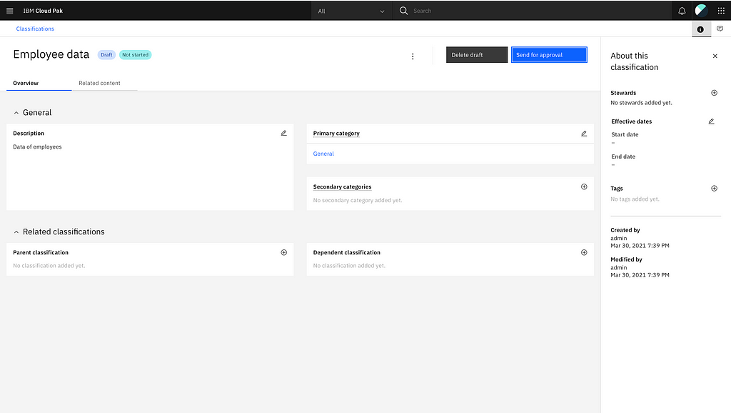 a screenshot of a draft page for a new classification. Here, the new classification is “Employee data” with the field “Description” filled in with “Data of employees”, the field “Primary Category” filled in with “General”, and the other fields left blank.