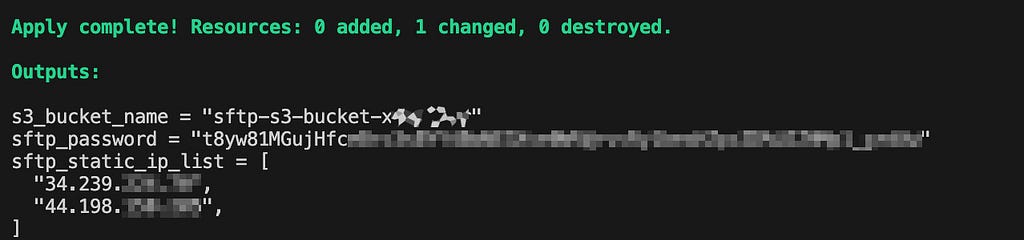 Terraform apply output showing IPs, bucket name, and password.