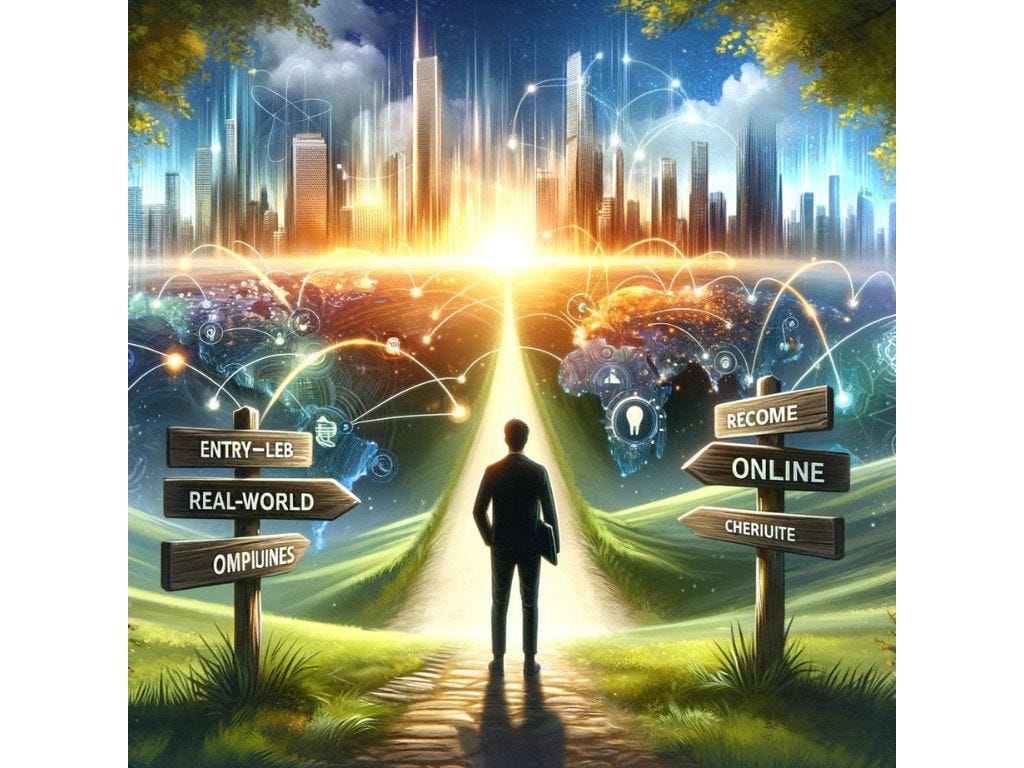 A young professional at a crossroads, looking towards a horizon that blends a vibrant cityscape with digital elements, symbolizing the journey towards entry-level remote jobs.