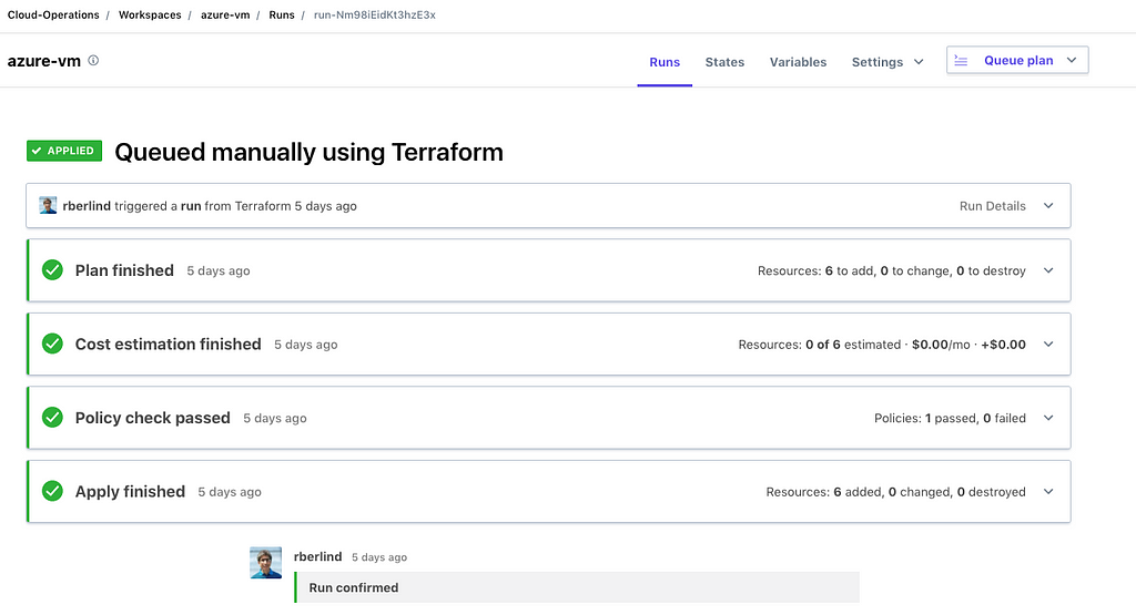 A screenshot of a TFC run that includes a cost estimate which occurs betweeen the plan and the policy checks