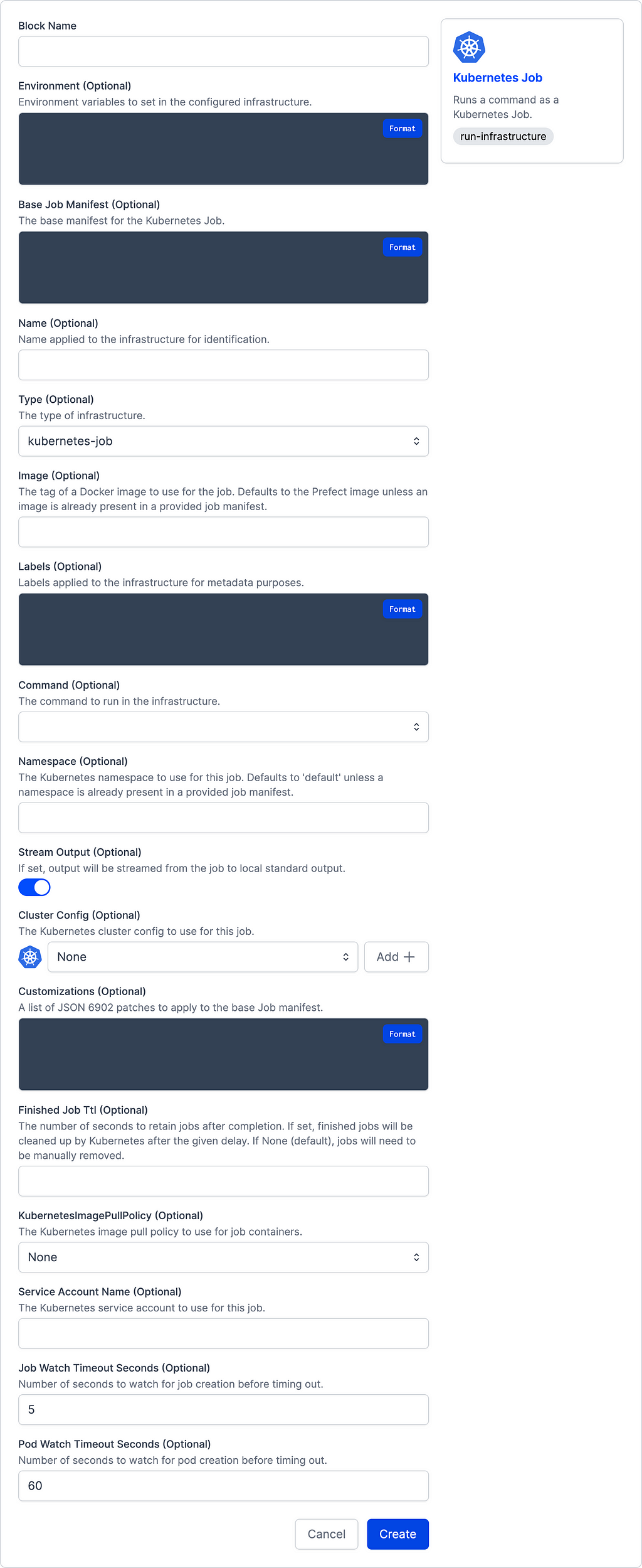 blank block creation form for prefect k8s