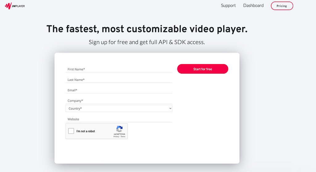 JWPlayer create new account page