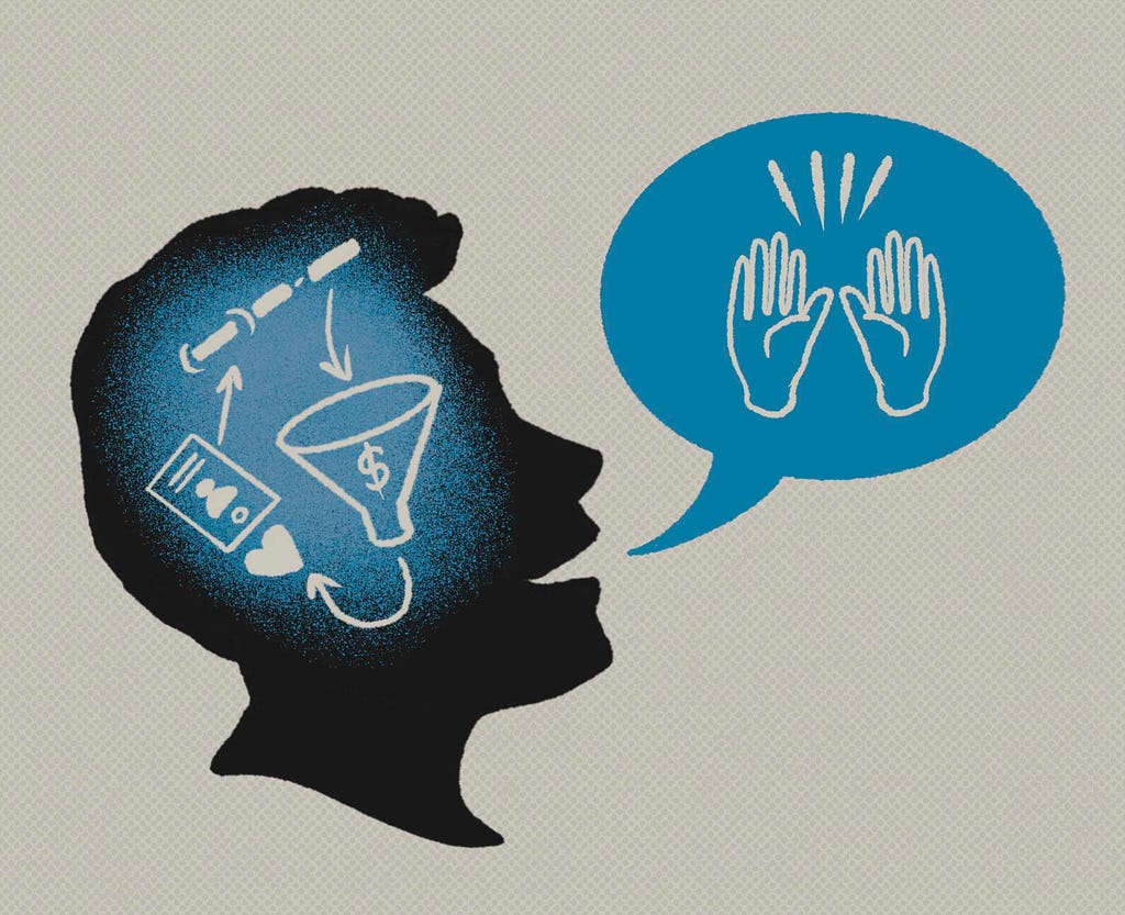 A silhouette of a man’s head filled with an illustration of the sales process and a blue speech bubble coming from his mouth.