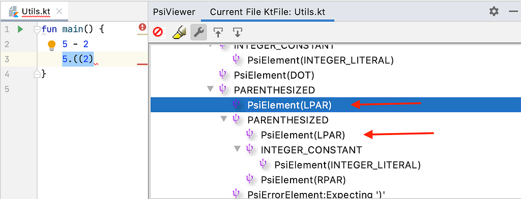 Pictured is a screenshot of the IntelliJ showing both Utils.kt and the PsiViewer on the lefthand side of the pane. 2 red arrows show how the PSIViewer is able to capture LPAR LPAR in 5.((2), even if the code does not compile correctly.