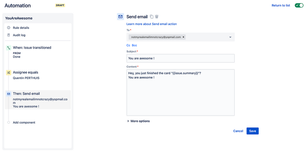 A screenshot from Jira, where you can see an automation rule