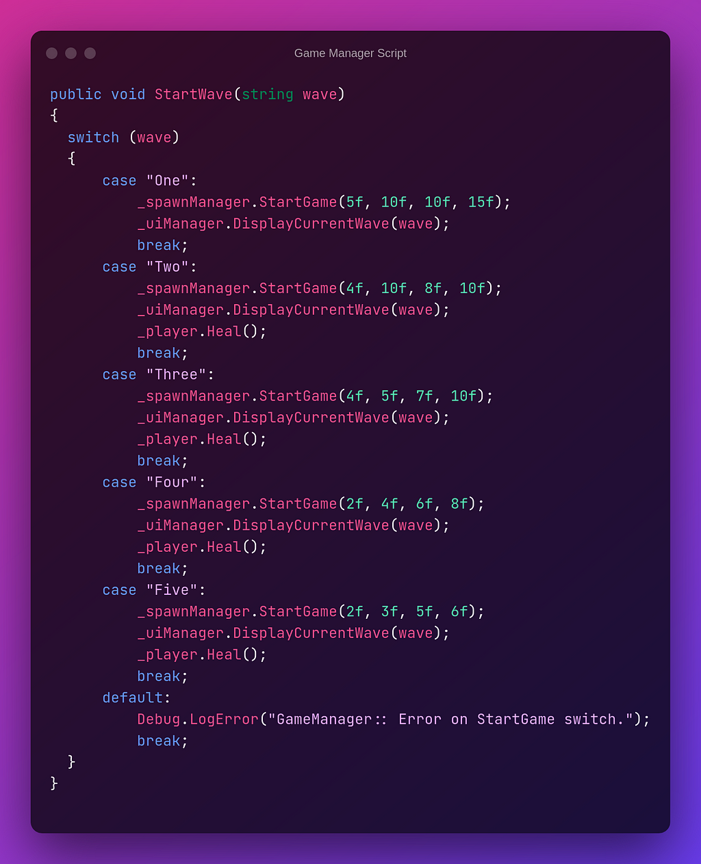 Game manager script showing a switch statement to set the different waves.