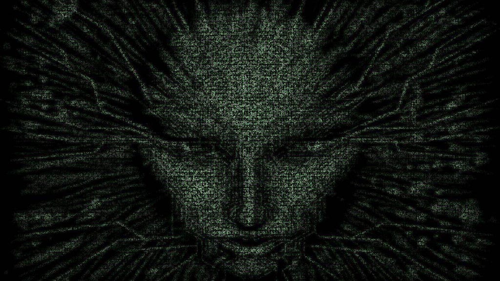 Shapeshifter digital graphic of a face emerging from darkness.