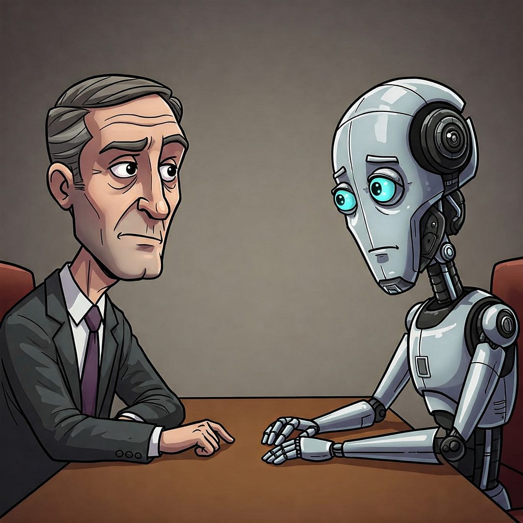 Humorous digital art of skeptical human and AI arbitrators