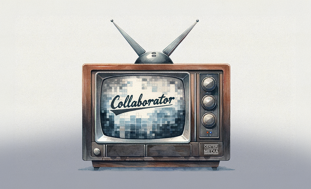 Artistic representation of an old-fashioned television on a subtle background. The TV has a ‘Center for Cooperative Media’ logo at the bottom. Its screen prominently features the word ‘Collaborator’ in stylized cursive against a pixelated backdrop. This vintage model includes rabbit ear antennas and side dials labeled for ‘Tint,’ ‘Color,’ and ‘Channel.’ The illustration may symbolize the collaboration in media or the evolution of media technology.