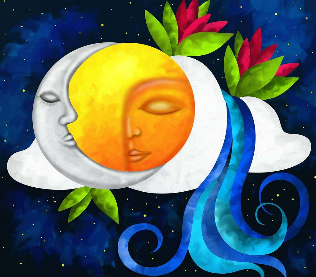 A graphic illustration of a romantic embrace between the sun and the moon.