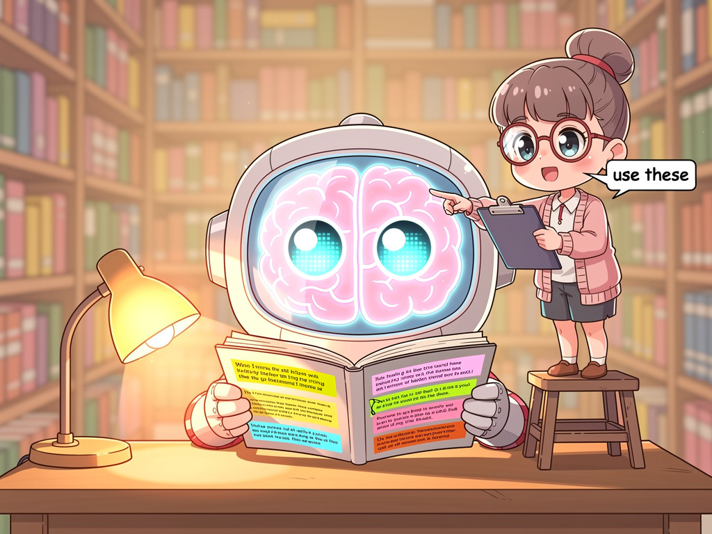 Cartoon LLM character reading book passages selected by a KNN librarian character illustrating the RAG retrieval pipeline
