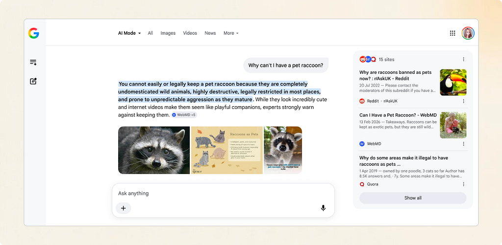 Screenshot of Google’s AI Mode answering the question “Why can’t I have a pet raccoon?” A generated text answer occupies the main column, with source links to Reddit, WebMD, and Quora listed in a smaller sidebar to the right.