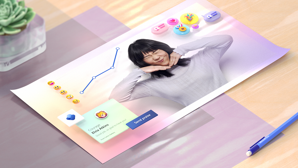 In this image, illustrator Michael Yoon brings the Viva experience to life. A young, Asian woman with a playful expression on her face is depicted in the center of the picture and to her left and right are 3D rendered aspects of the Viva’s UI, such as Praise badges, emoji, and data visualization.