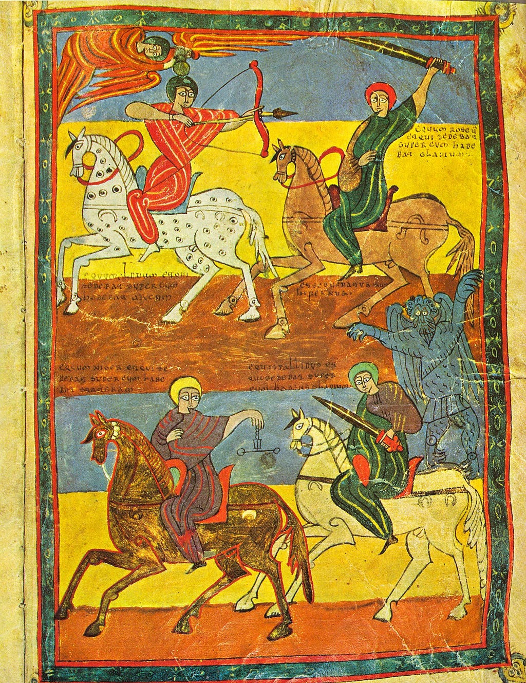 Illustration from the Beatus Valladolid (ca. 970 AD), a “Commentary on the Apocalypse”.