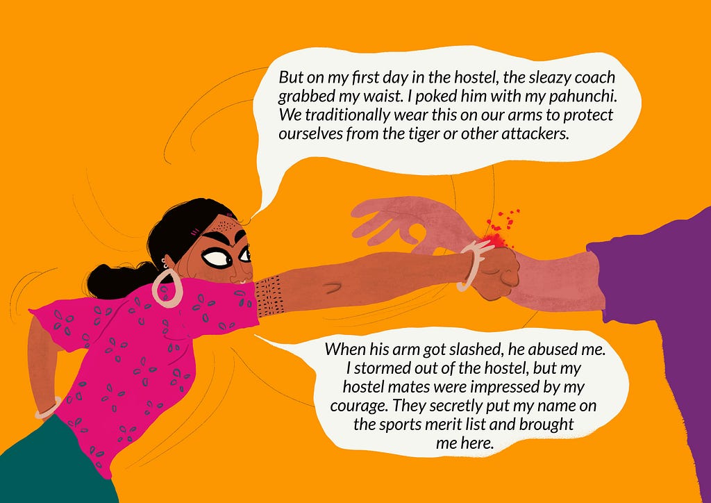 Guruwari shares her experience of being molested by the coach at the hostel. An illustration of her slashing his arm.