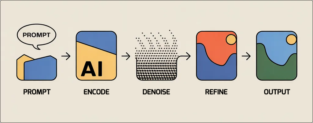 Diagram showing AI image generation workflow in five steps: 1) Prompt (text input), 2) Encode (AI processes text), 3) Denoise (removes visual noise shown as dots), 4) Refine (improves image composition), 5) Output (final image). Illustrated with simple icons connected by arrows flowing left to right.