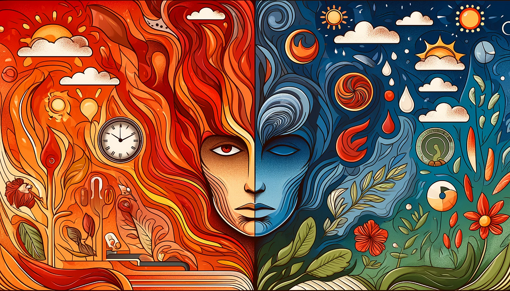 This abstract illustration contrasts burnout and rejuvenation. The left side, in fiery reds and oranges, features tired eyes, fragmented clocks, and flames symbolizing stress and exhaustion. The right side, in calming blues and greens, showcases serene faces and lush nature scenes, representing peace and renewal. The center blends these elements, depicting the transition from burnout’s chaos to rejuvenation’s tranquility, highlighting the journey from intense fatigue to serene relief.