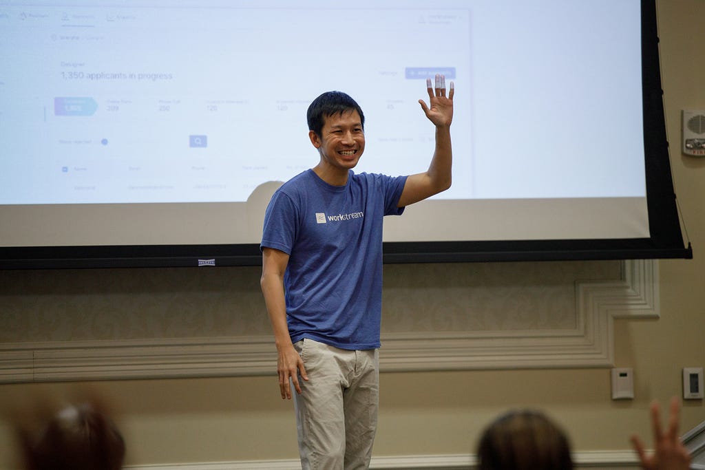 Desmond Lim, the founder of Workstream, presents to investors at Heartland Ventures 2020 Annual Meeting in South Bend.