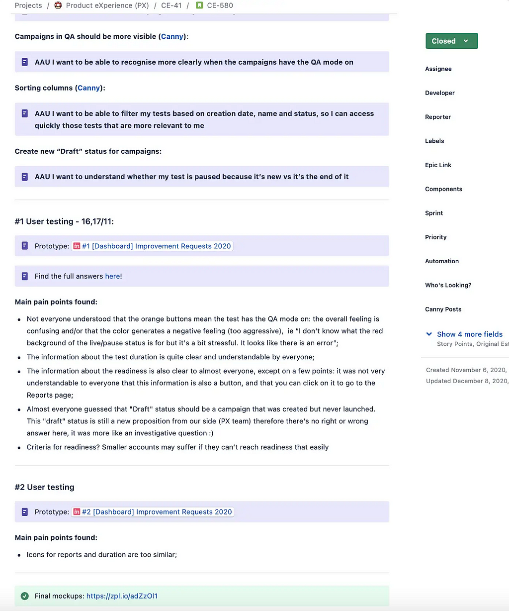 A screenshot of a ticket description I did inside Jira software, containing user stories, pain points description, links to user research prototypes and takeaways and a link to the final prototype
