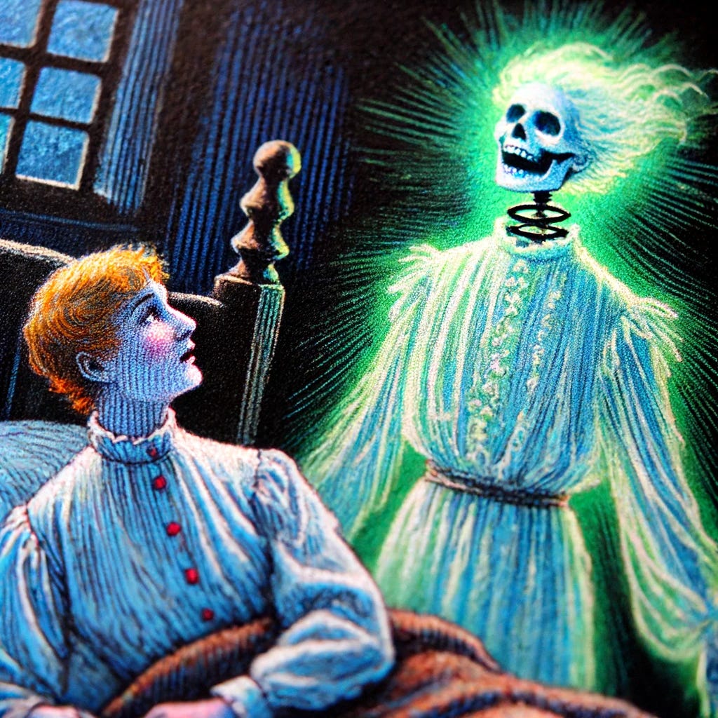 A detailed scene of Elva Zona Heaster Shue’s ghost appearing to her mother, Mary Jane Heaster, at night.