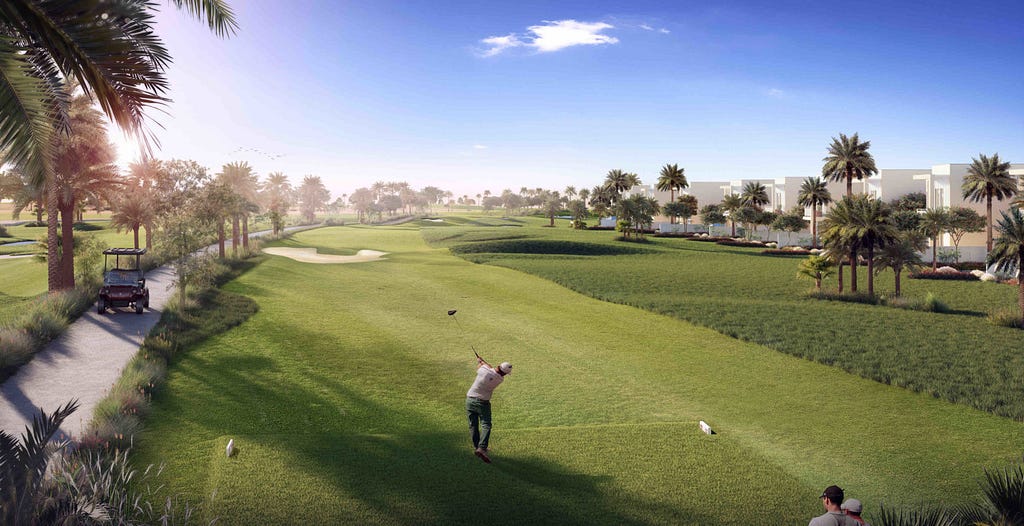 Project render, golf course, golf player in motion kicking the golf ball