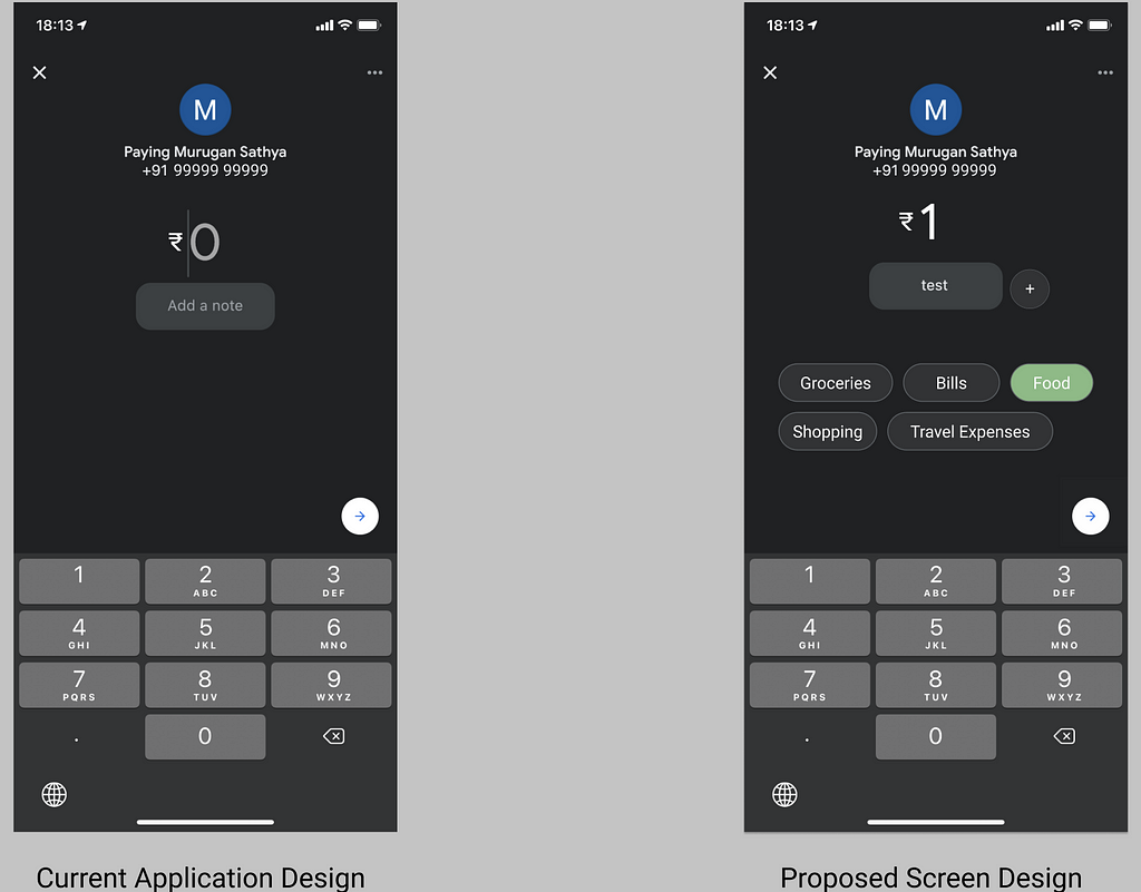 Current design vs proposed design for google pay payment screen