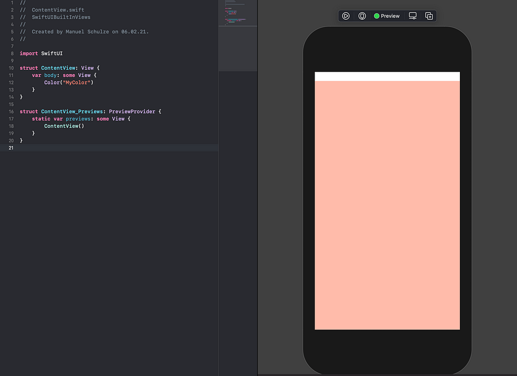 The SwiftUI Color view displayed in the preview with a value of #FFBBAA on an iPhone screen.