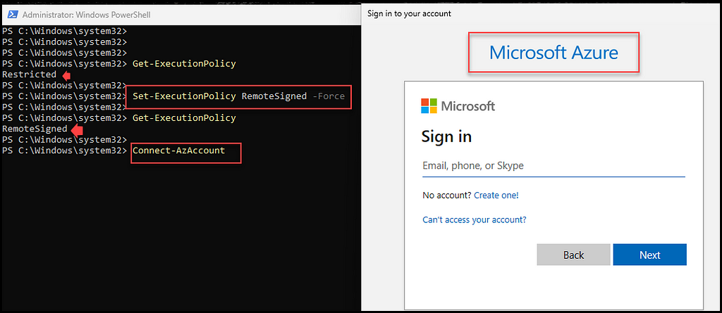 Figure 05 — shows changing the Execution Policy and authenticating with the Azure account. r3d-buck3t, az, PowerShell, pentesting