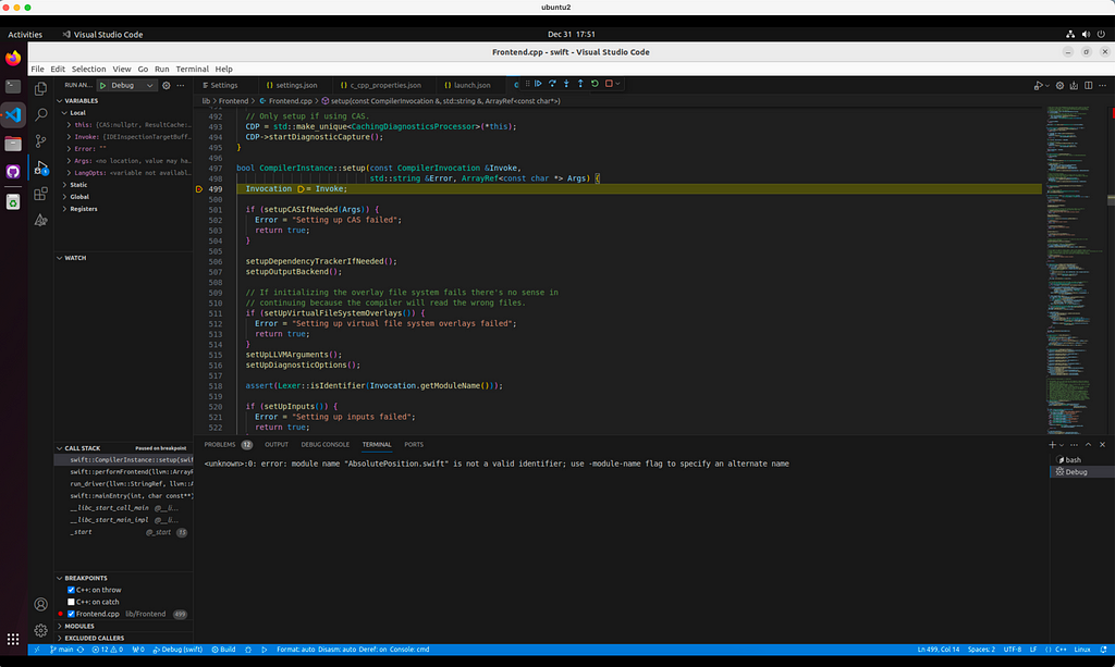 a screenshot of the debugger attached to `swift-frontend` process in VSCode in a Linux VM.